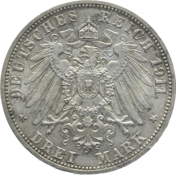 Württemberg 3 Mark 1911 F - Wilhelm & Charlotte